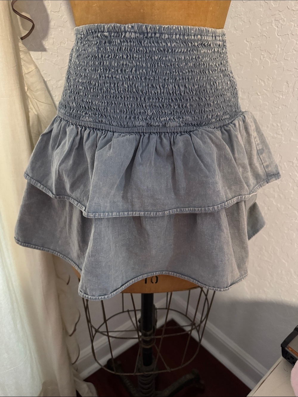 Smocked Waist Tiered Denim Tiered Mini Skirt - Light Blue/Gray